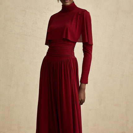 Sydney Red Midi Dress with Flap Design and Ruched Detailing in Terylene Fiber