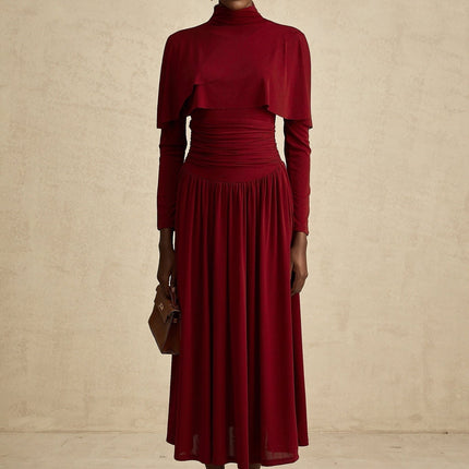 Sydney Red Midi Dress with Flap Design and Ruched Detailing in Terylene Fiber for Upscale Events