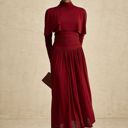 Sydney Red Midi Dress Terylene Fiber Flap Design Ruched Detailing Long Sleeves Mock Neck Full Skirt Lining