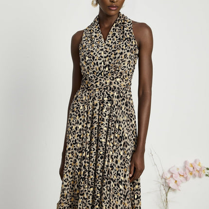 Sydney Yellow Black Leopard Print V-neckline Midi Dress