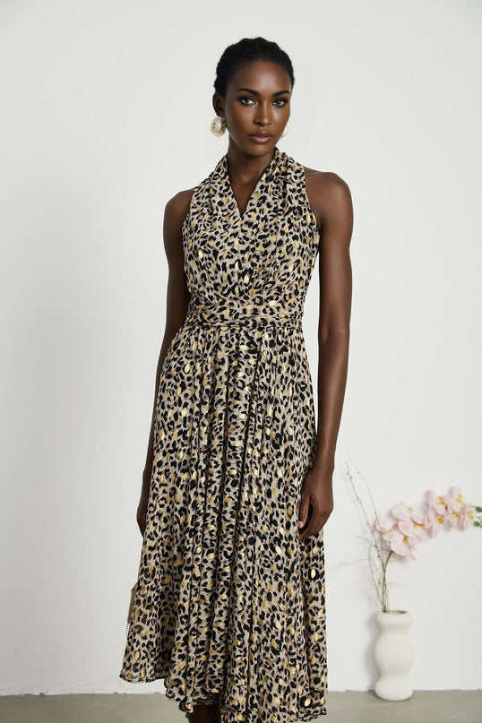 Sydney Yellow Black Leopard Print V-neckline Midi Dress
