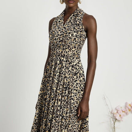 Sydney Yellow Black Leopard Print Midi Dress V-Neck Sleeveless A-Line Flounce Hem Rear Zip Fastening Terylene