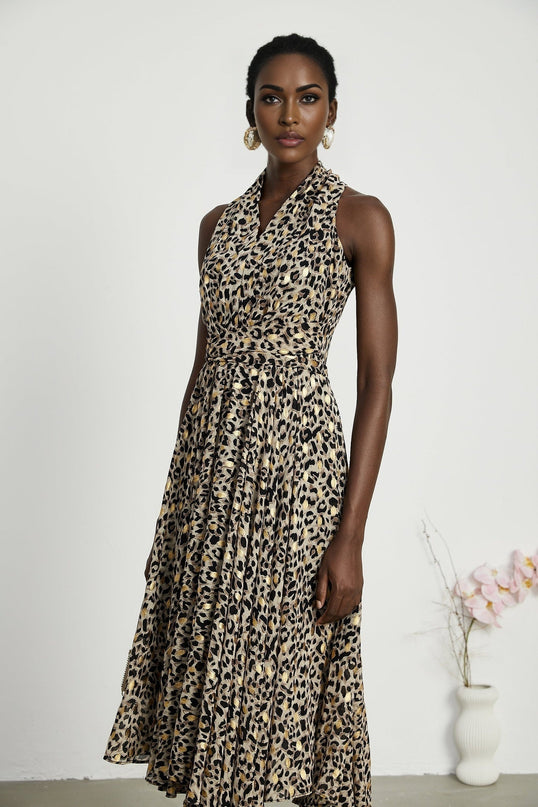 Sydney Yellow Black Leopard Print Midi Dress V-Neck Sleeveless A-Line Flounce Hem Rear Zip Fastening Terylene
