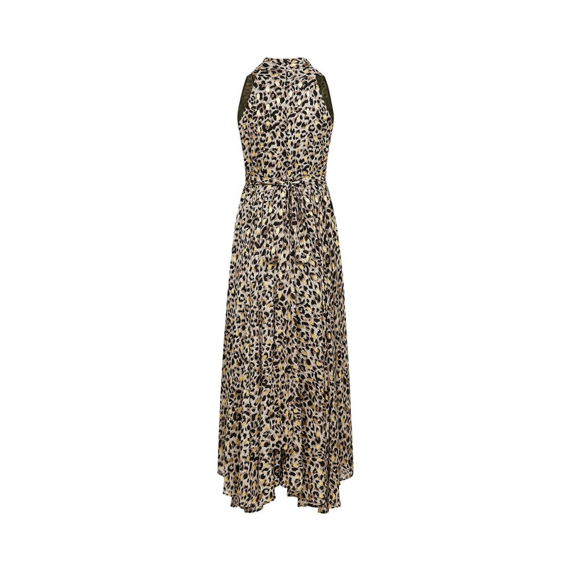 Sydney Yellow Black Leopard Print Midi Dress V-neckline Sleeveless A-line Flounce Hem Rear Zip Fastening Terylene