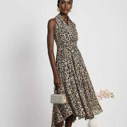 Sydney Yellow Leopard Print Midi Dress in Yellow and Black A-line silhouette with V-neckline and sleeveless design