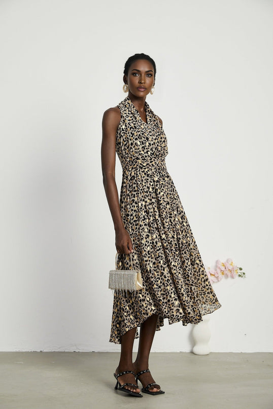 Sydney Yellow Leopard Print Midi Dress in Yellow and Black A-line silhouette with V-neckline and sleeveless design