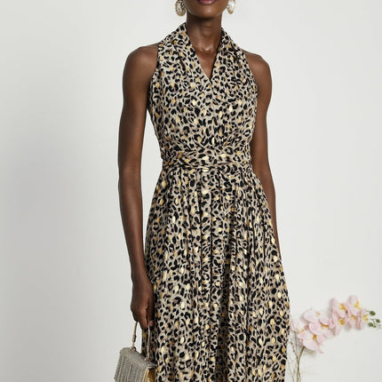 Sydney Yellow Leopard Print Midi Dress in A-line silhouette with V-neckline and sleeveless design
