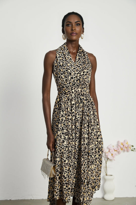 Sydney Yellow Leopard Print Midi Dress in A-line silhouette with V-neckline and sleeveless design