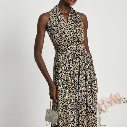 Sydney Yellow Leopard Print Midi Dress in Yellow and Black palette V-neckline Sleeveless A-line silhouette Flounce hem rear zip fastening 100% Terylene luxury comfort
