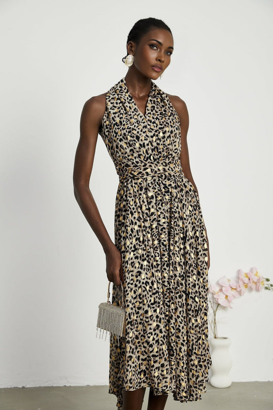 Sydney Yellow Leopard Print Midi Dress in Yellow and Black palette V-neckline Sleeveless A-line silhouette Flounce hem rear zip fastening 100% Terylene luxury comfort