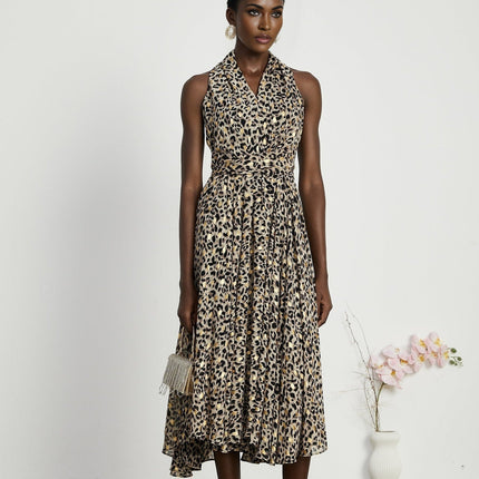 Sydney Yellow Leopard Print Midi Dress in Yellow and Black A-line silhouette with V-neckline and flounce hem