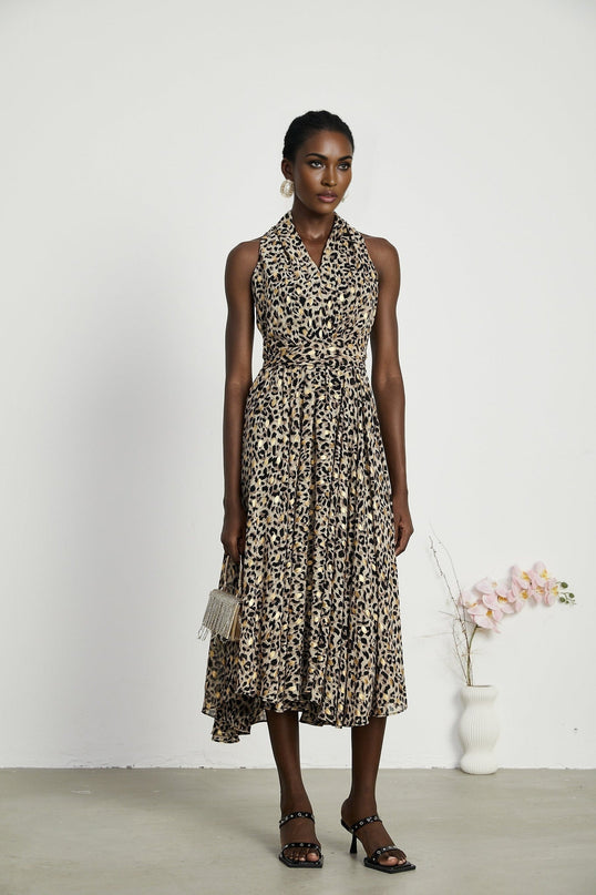 Sydney Yellow Leopard Print Midi Dress in Yellow and Black A-line silhouette with V-neckline and flounce hem