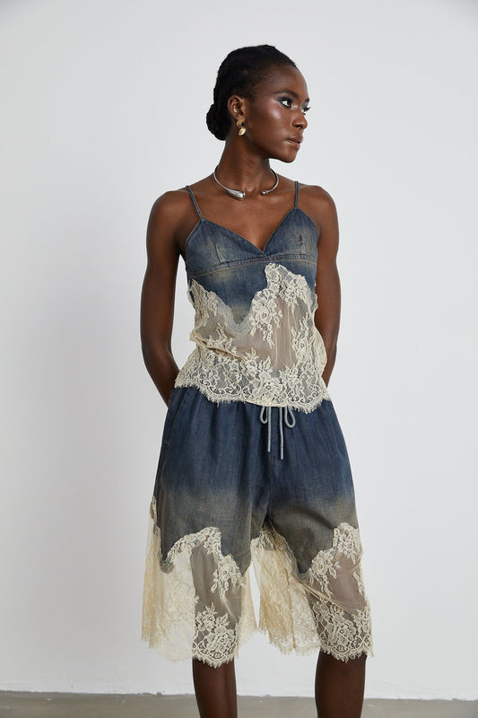 Sylvie lacedetail denim top  shorts matching set