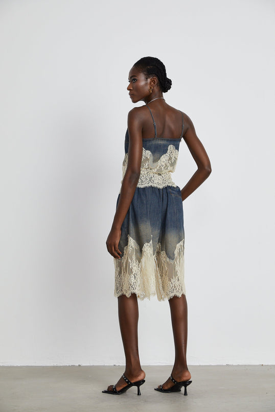 Sylvie lacedetail denim top  shorts matching set