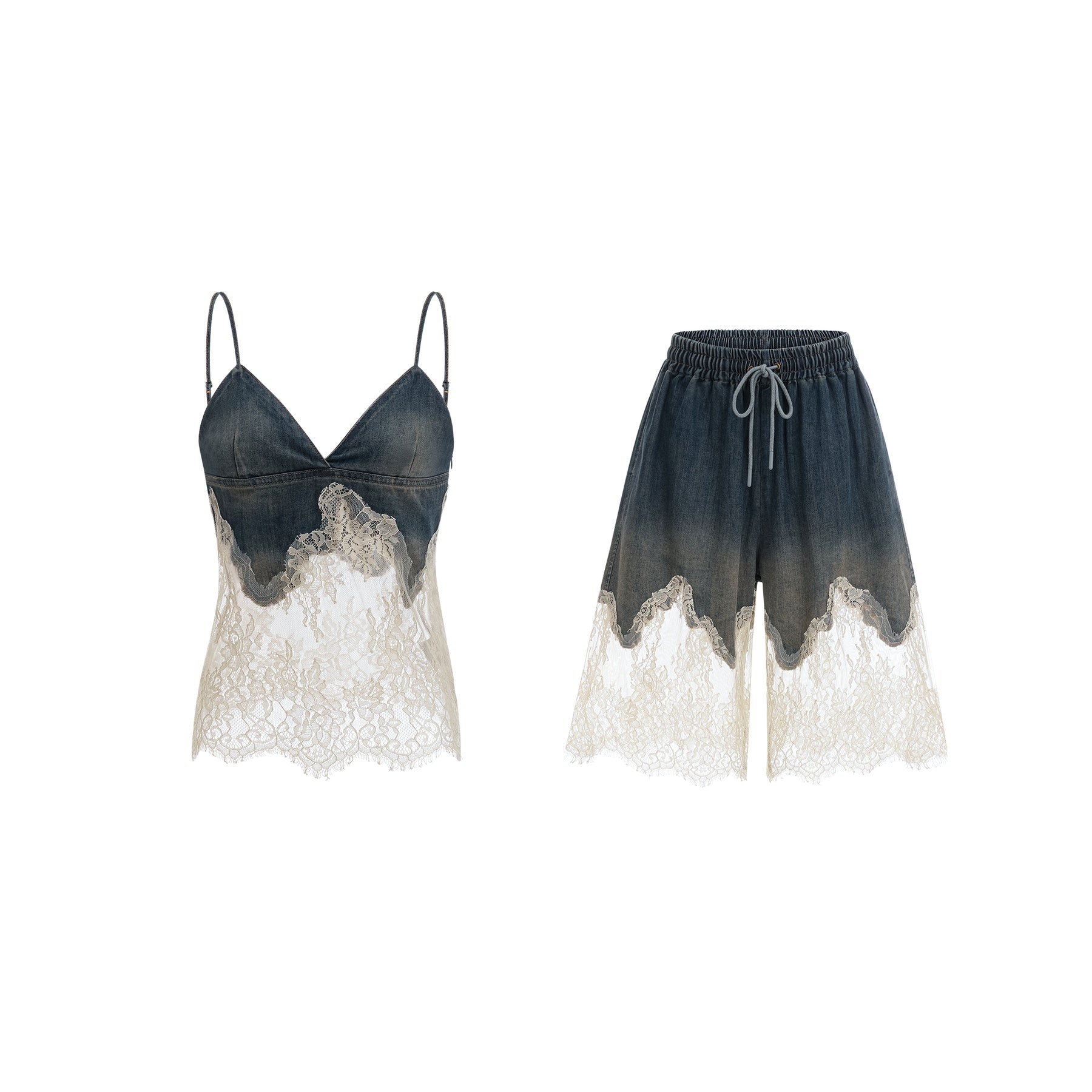 Sylvie lacedetail denim top  shorts matching set