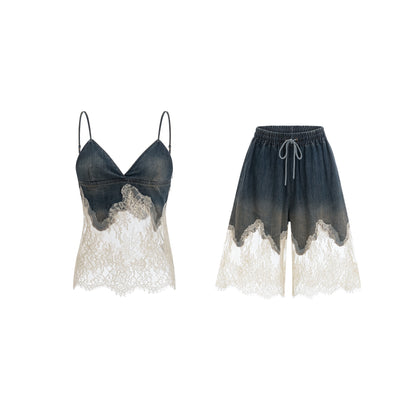 Sylvie lacedetail denim top  shorts matching set
