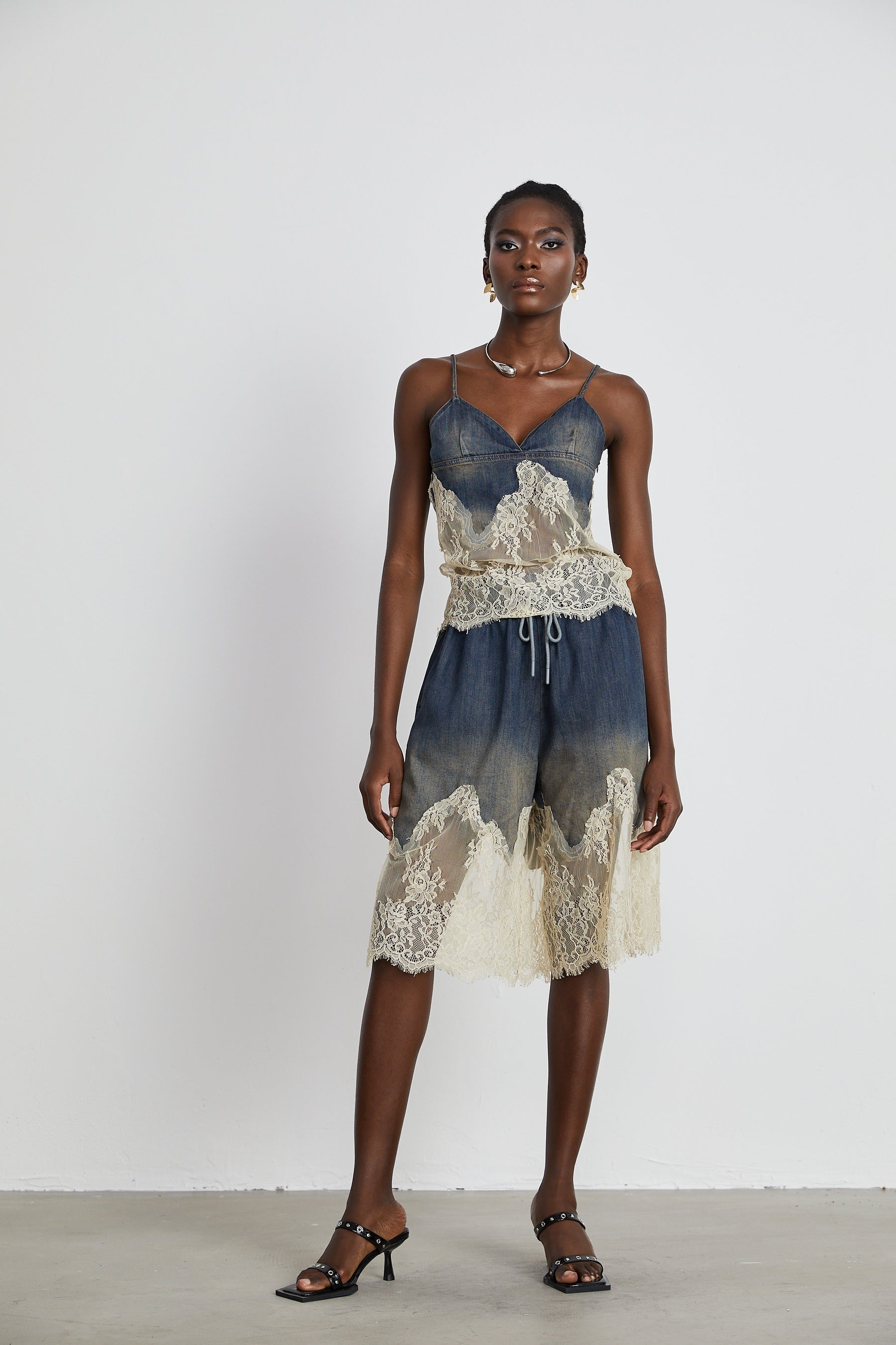 Sylvie lacedetail denim top  shorts matching set