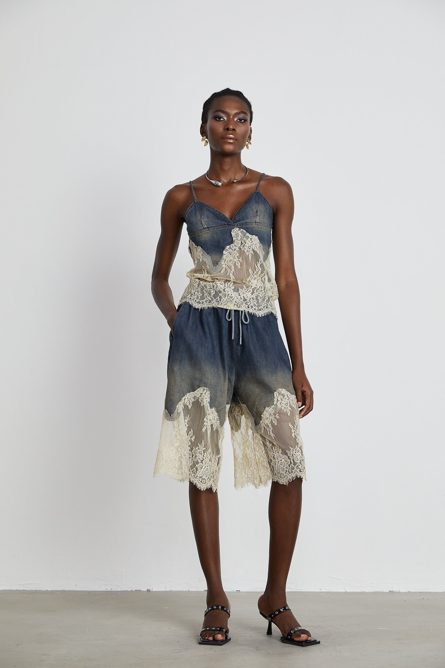 Sylvie lacedetail denim top  shorts matching set