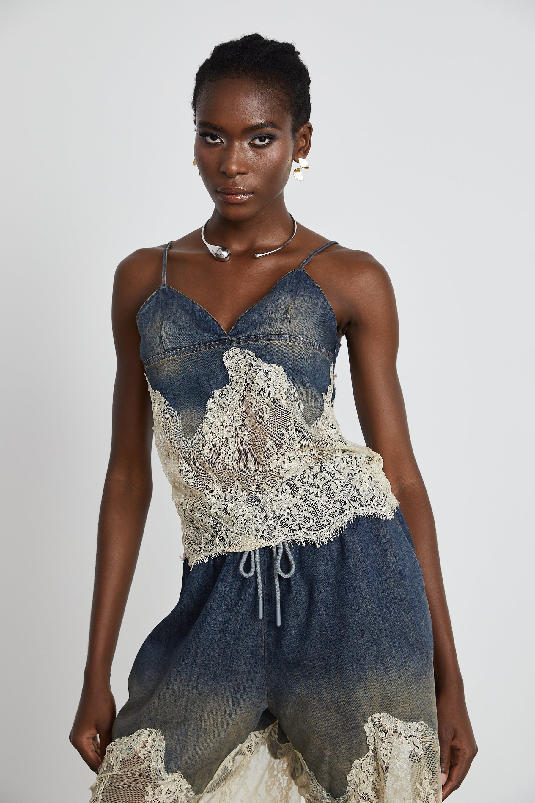 Sylvie lacedetail denim top  shorts matching set