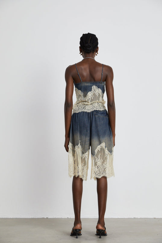 Sylvie lacedetail denim top  shorts matching set