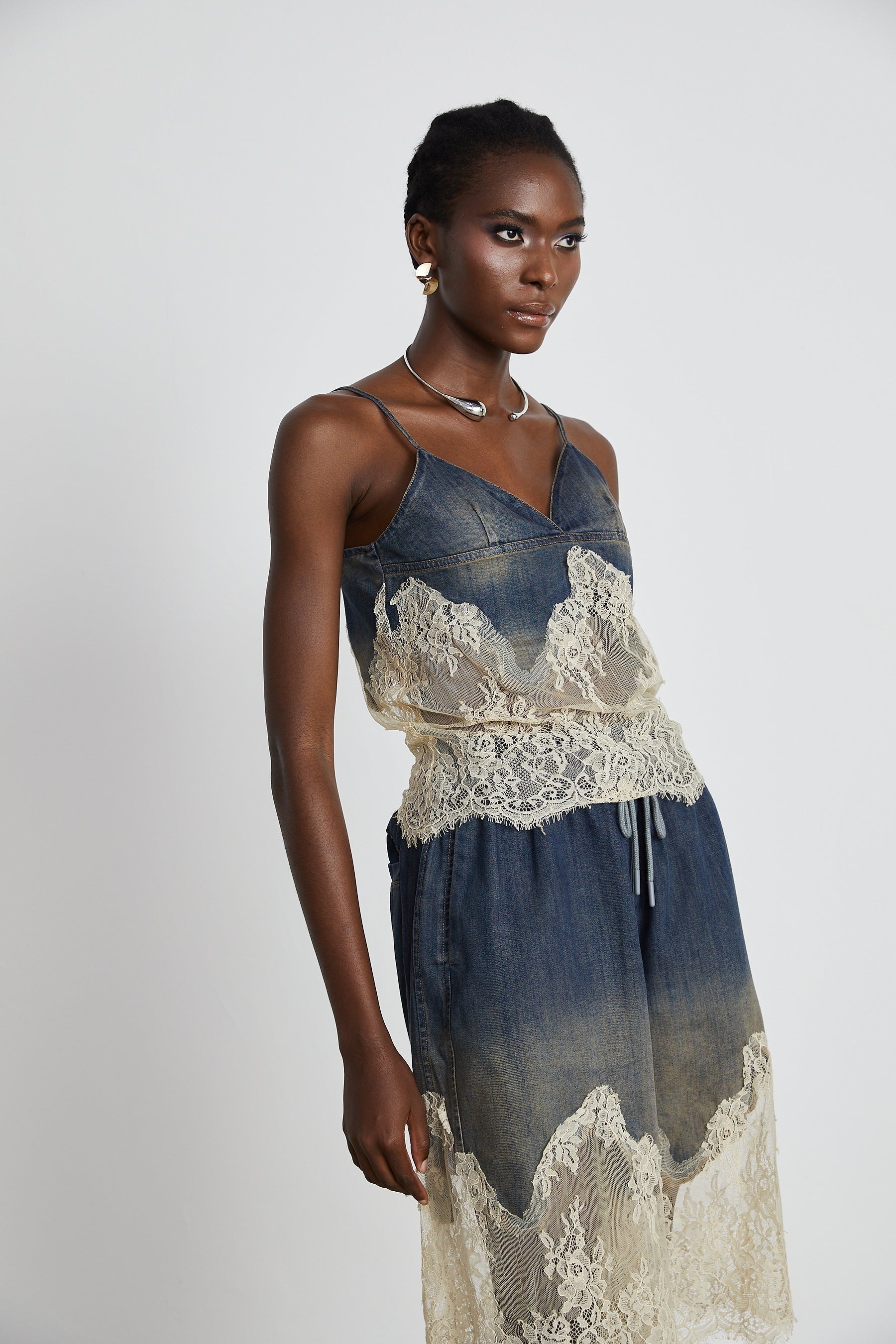 Sylvie lacedetail denim top  shorts matching set