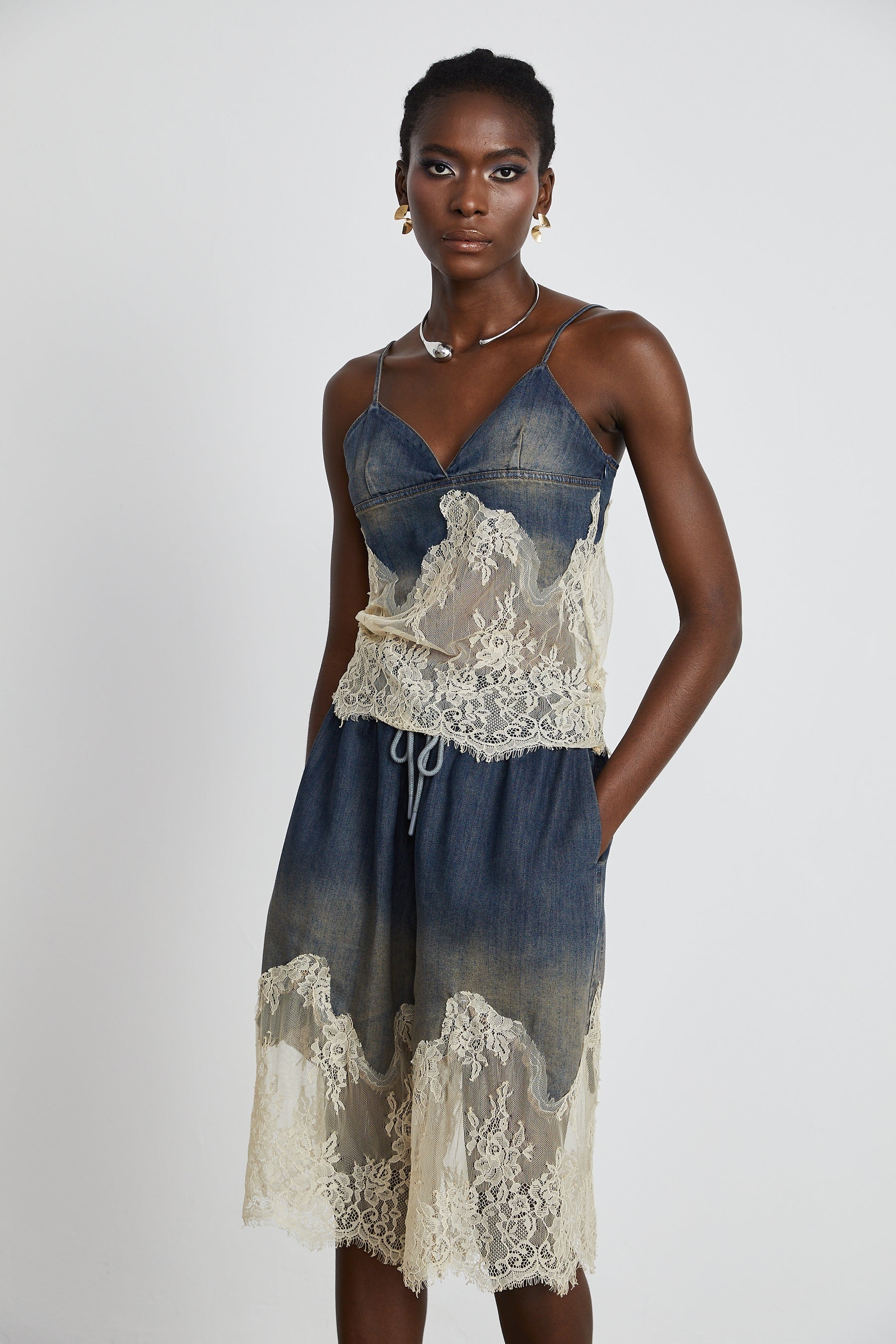 Sylvie lacedetail denim top  shorts matching set