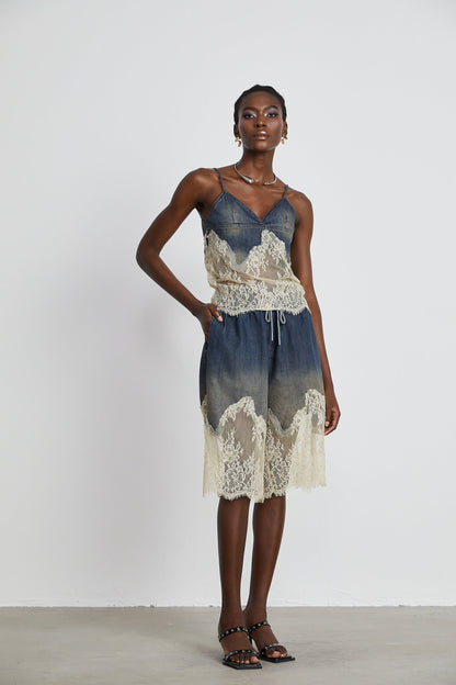Sylvie lacedetail denim top  shorts matching set