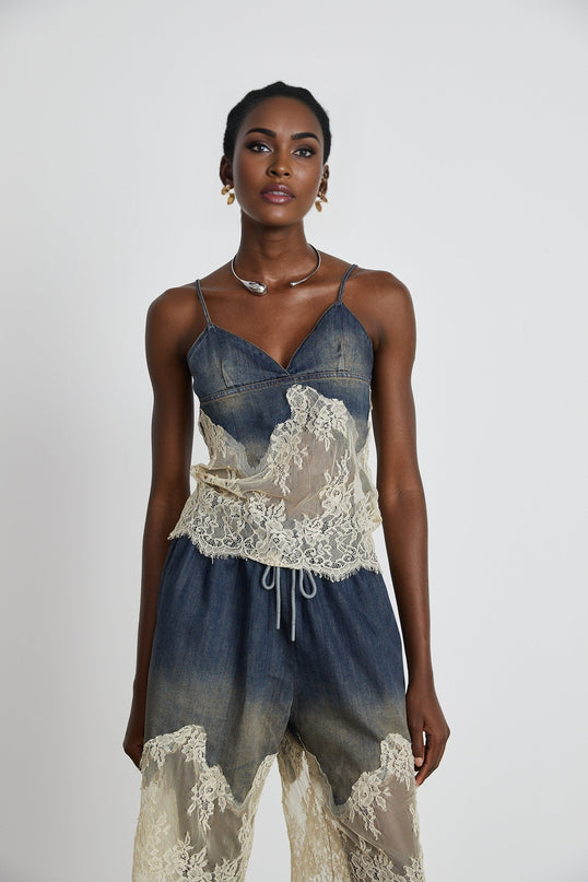 Sylvie lacedetail denim top  shorts matching set