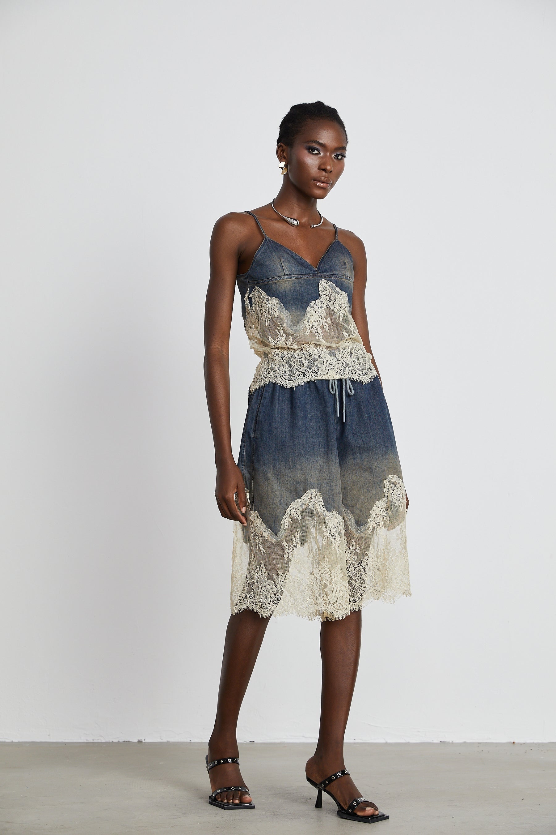 Sylvie lacedetail denim top  shorts matching set