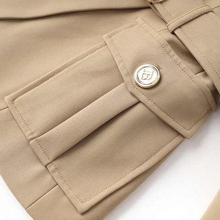 Tailored Beige Double-Breasted Blazer with Gold Buttons and Belted Waist