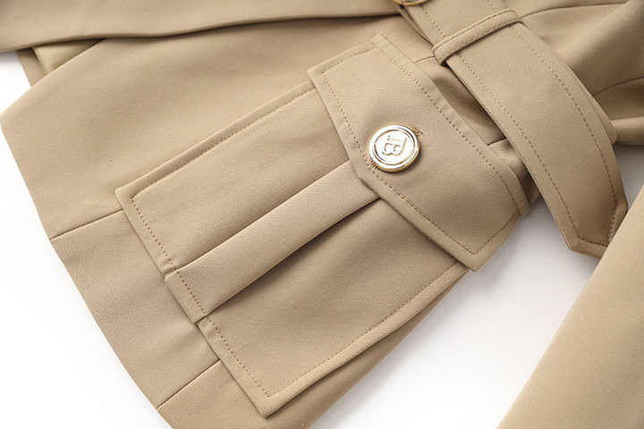 Tailored Beige Double-Breasted Blazer with Gold Buttons and Belted Waist