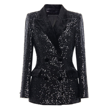 Tailored Black Sequin Double-Breasted Blazer with Velvet Details