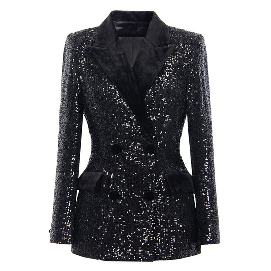 Tailored Black Sequin Double-Breasted Blazer with Velvet Details
