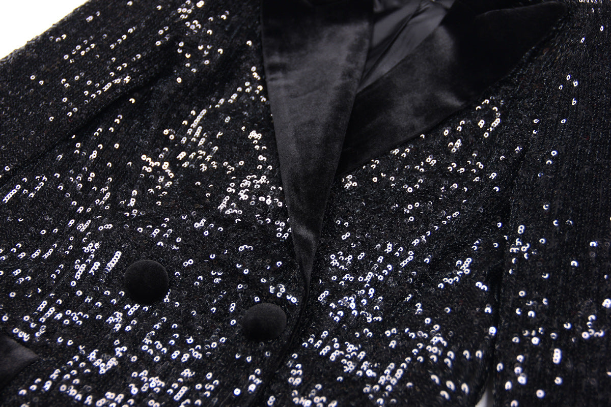 Tailored Black Sequin Double-Breasted Blazer with Velvet Details