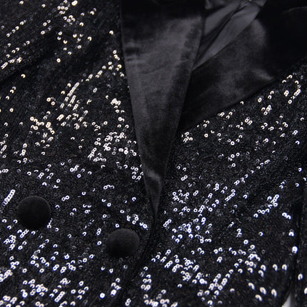 Tailored Black Sequin Double-Breasted Blazer with Velvet Lapels