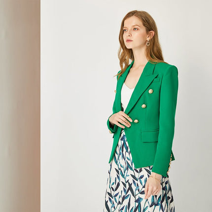 Tailored double-breasted green blazer with gold buttons