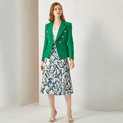 Tailored double-breasted green blazer with gold buttons