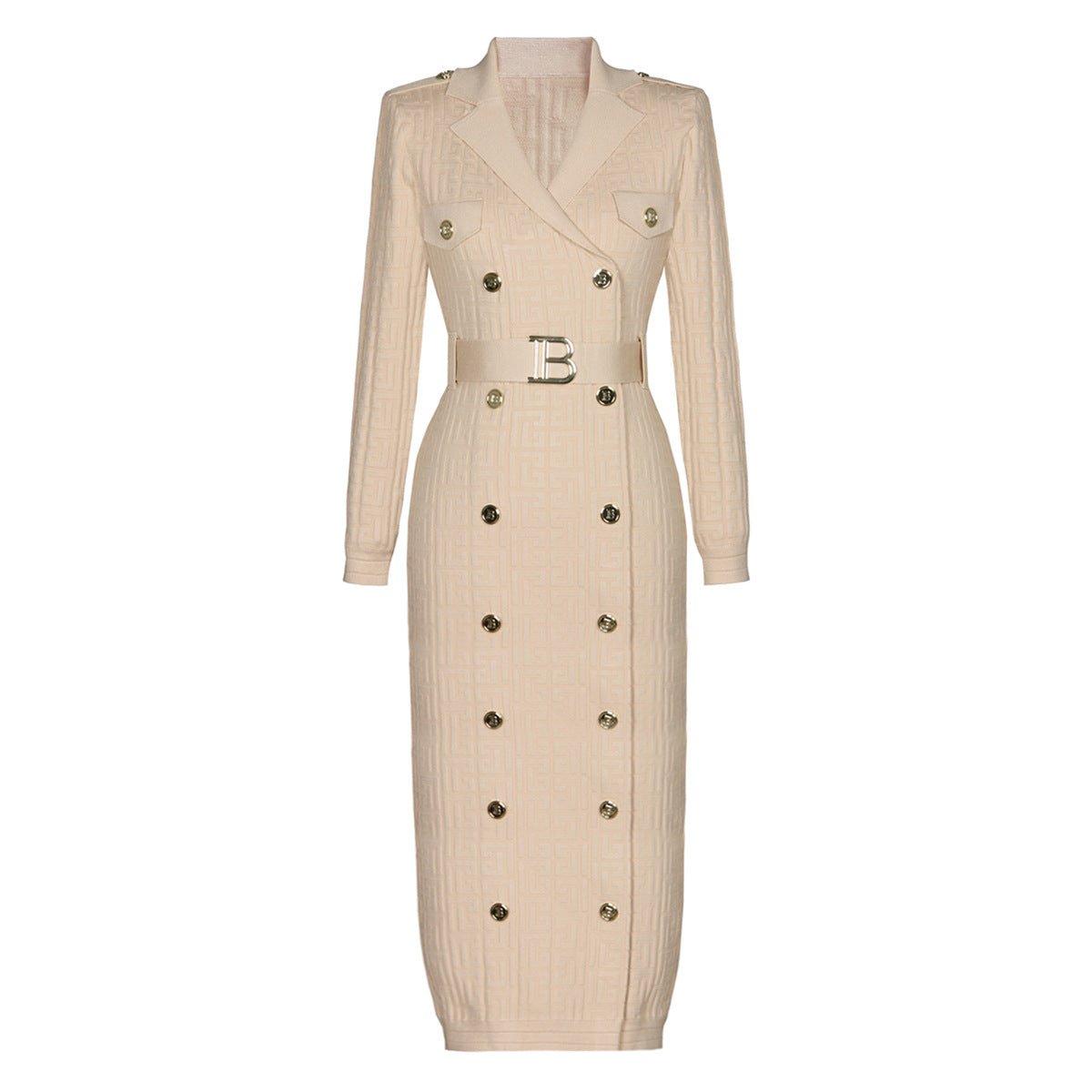 Tailored Midi - Length Knit with Embellished Buttons - Beige