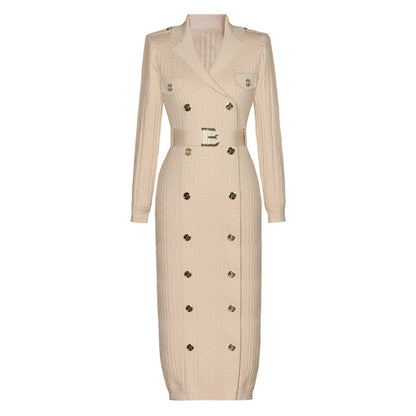 Tailored Midi - Length Knit with Embellished Buttons - Beige