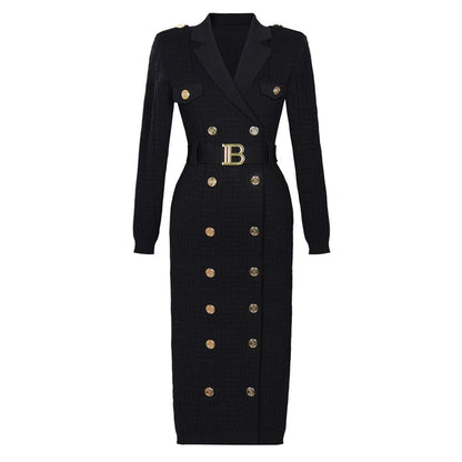Tailored Midi - Length Knit with Embellished Buttons - Black