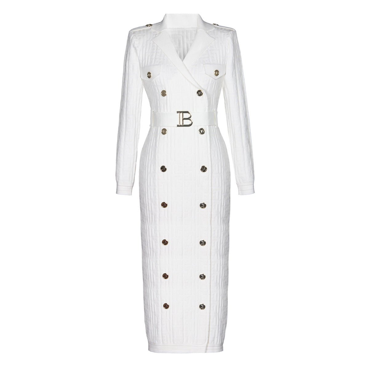 Tailored Midi - Length Knit with Embellished Buttons - White