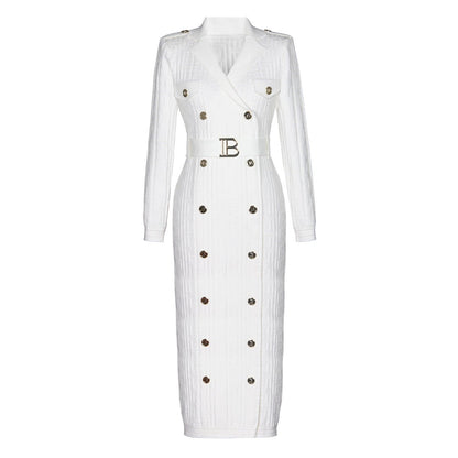 Tailored Midi - Length Knit with Embellished Buttons - White