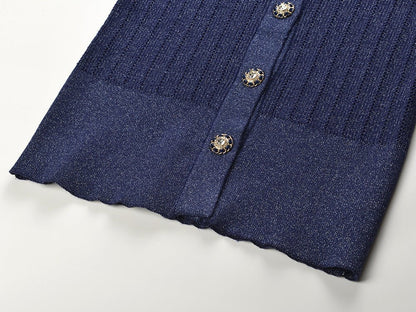 Tailored V - Neck Ribbed Knit Top - Blue