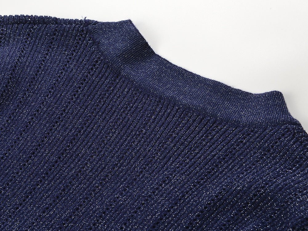 Tailored V - Neck Ribbed Knit Top - Blue