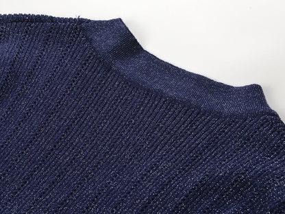 Tailored V - Neck Ribbed Knit Top - Blue