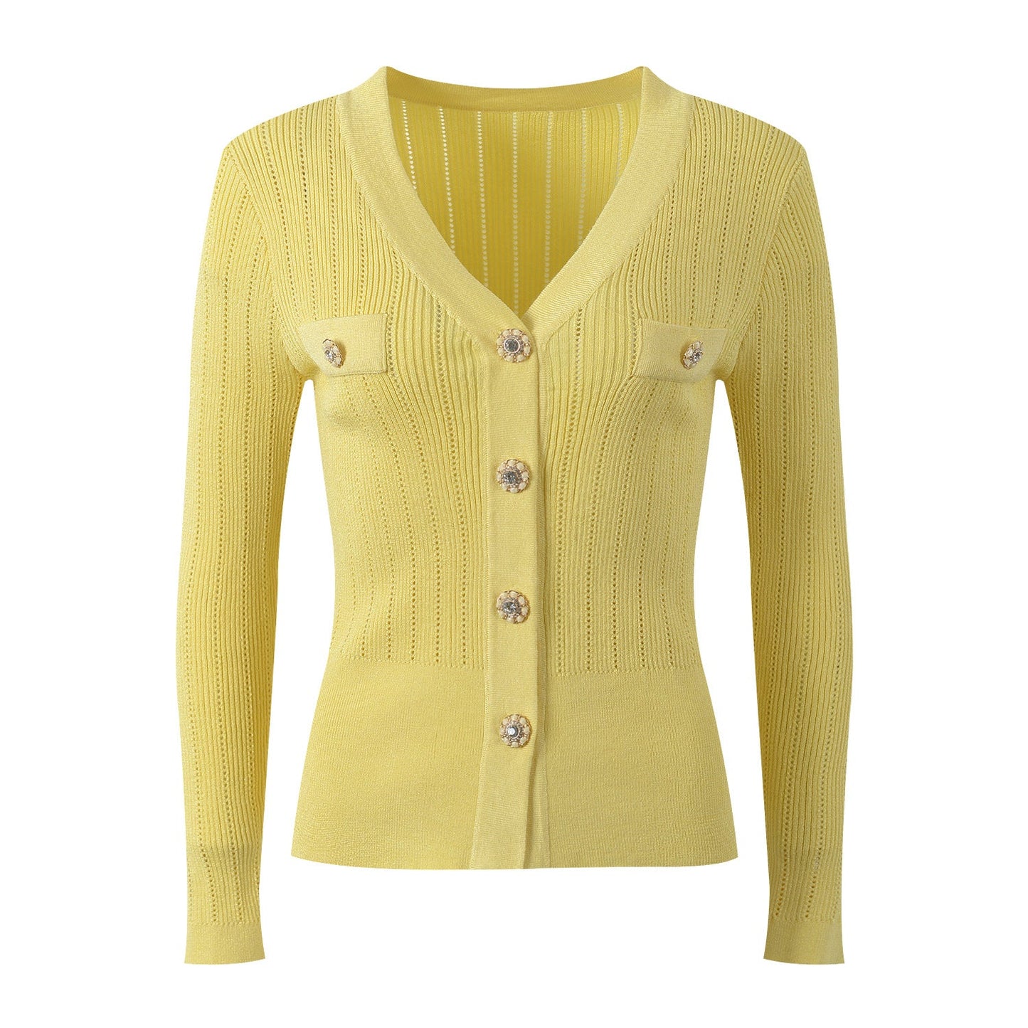 Tailored V - Neck Ribbed Knit Top - Yellow