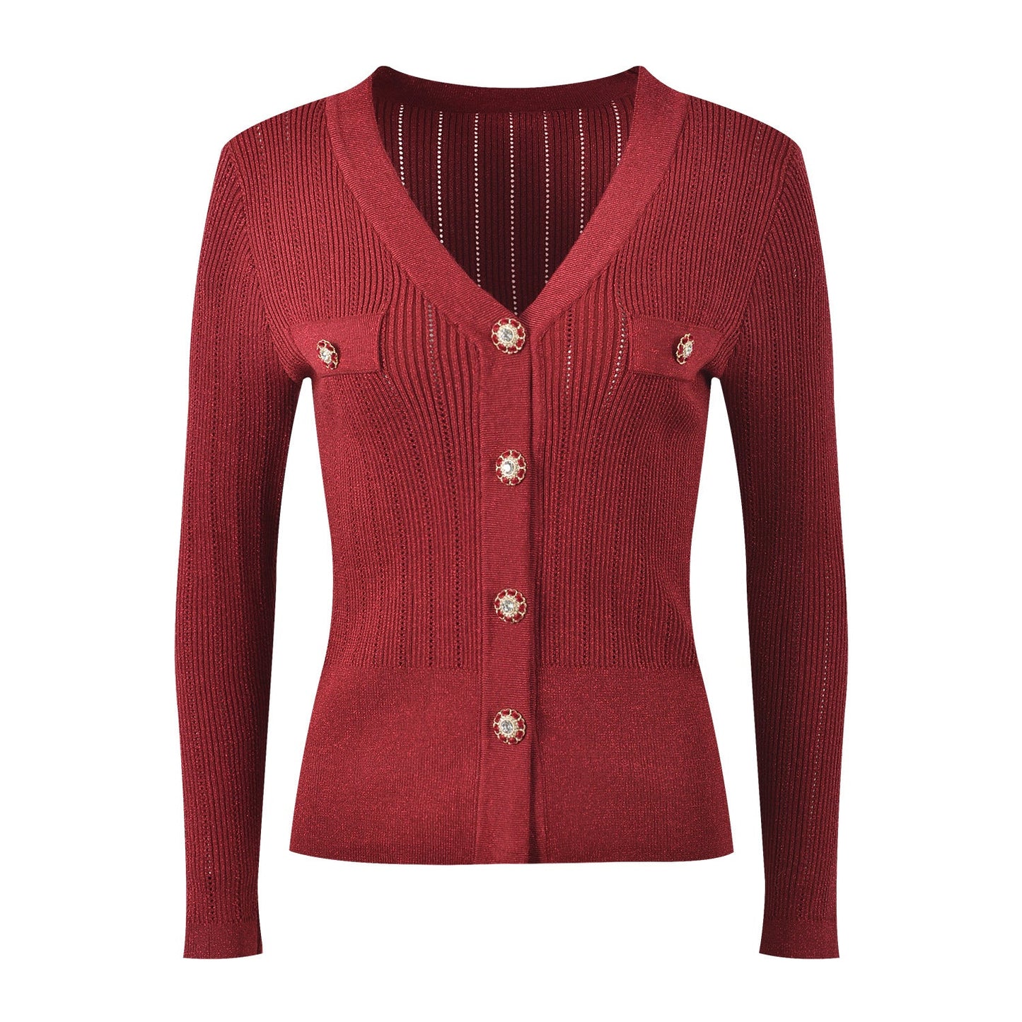 Tailored V - Neck Ribbed Knit Top - Red