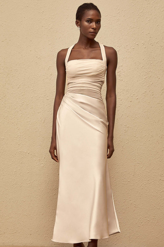 Taina Grey Mesh Panel Ruched Maxi Dress
