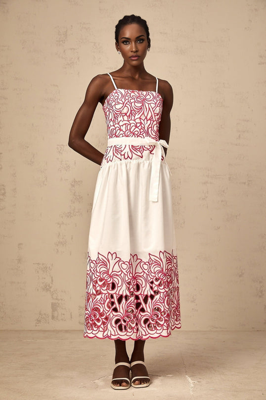 Taliyah Pink Floral Embroidered Cut-Out Midi Dress