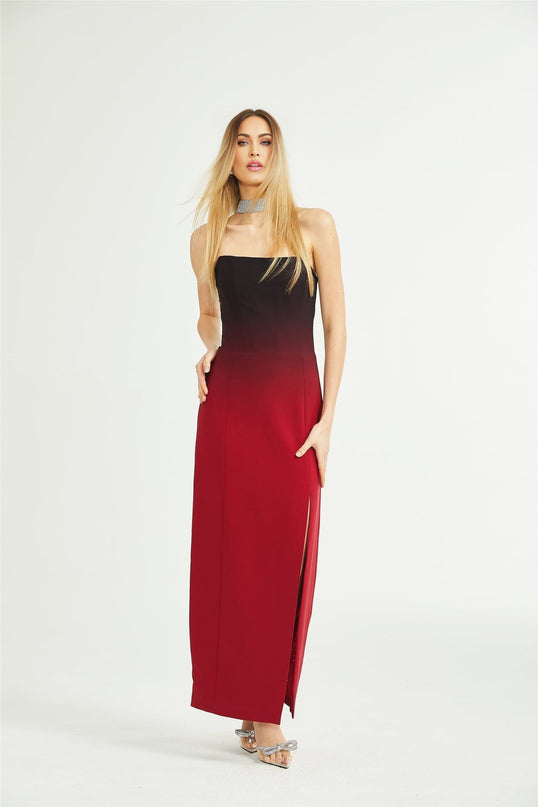 Taliyah Red Gradient Off-shoulder Maxi Dress 100% Polyester luxury modern twist refined refinement elegance allure statement side slit rear zip fastening seamless fit flowing maxi length grace movement enchanting eye captivating mesmerizing exquisite garment American English SEO-optimized image alt text